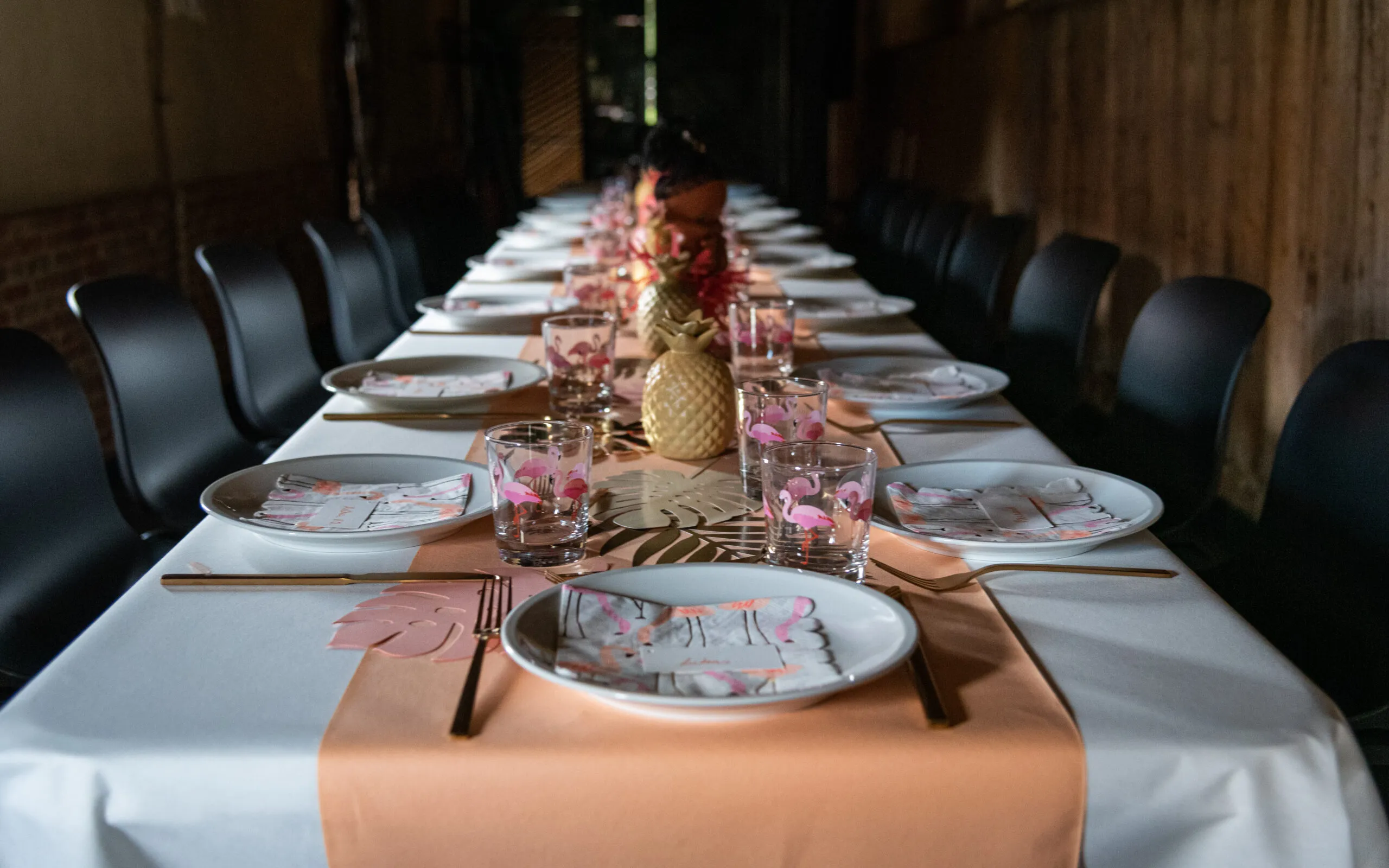 A festively set long table for a birthday party